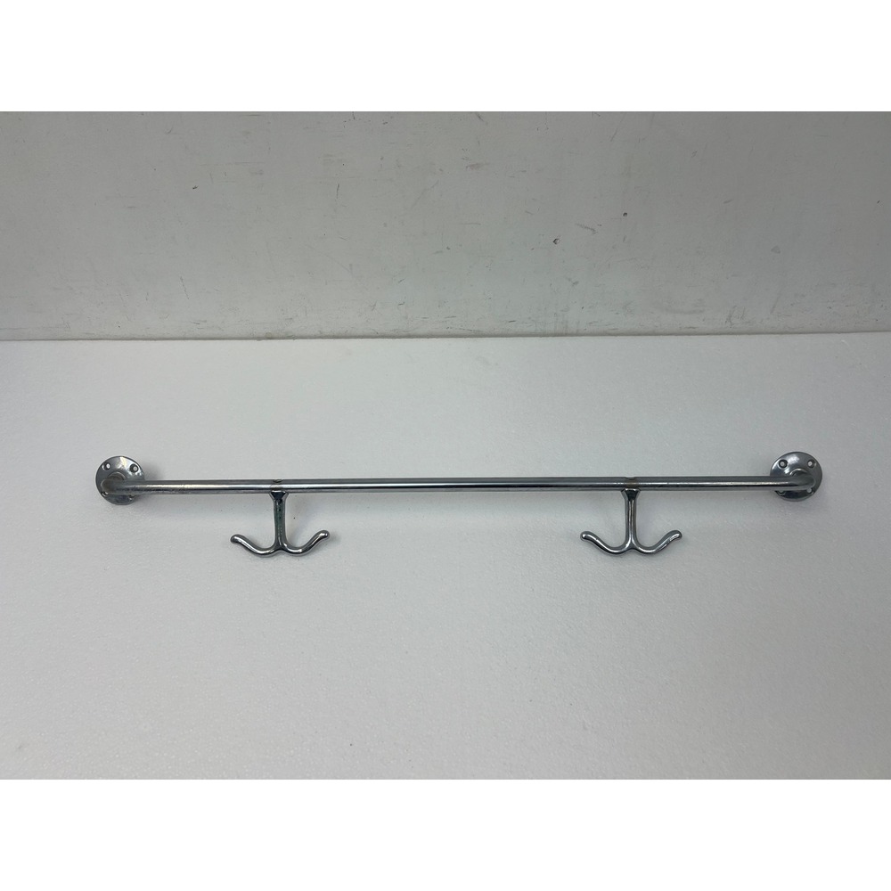 Vintage Art Deco Chrome Towel Bar Double Hooks Wall Mount Rack Bathroom MCM 40s